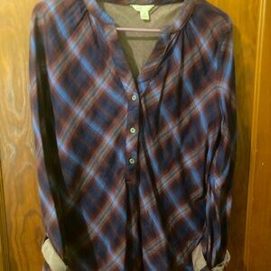 Purple and blue plaid 3/4 length sleeve blouse.